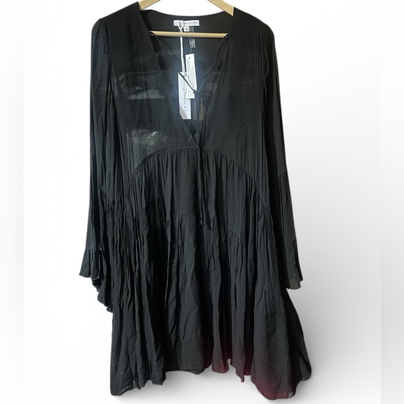 Young Fabulous & Broke Rosa Sheer Tiered Mini Dress Black Bell Sleeves Sz L NEW - Picture 2 of 6